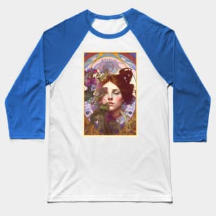 Dreamy art deco style design of girl with purple flowers Baseball T-Shirt